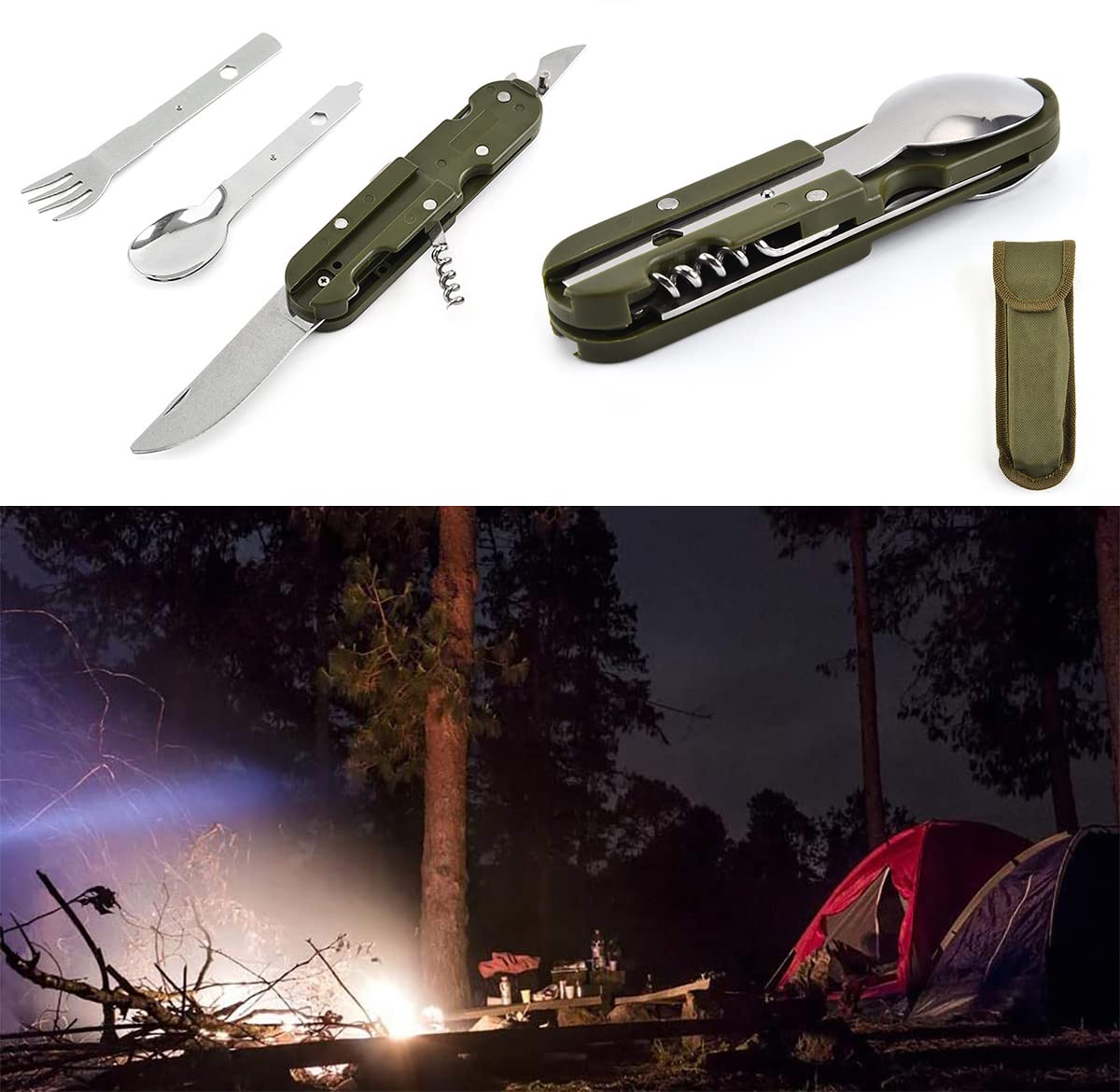 Set 2 Posate Da Campeggio Pieghevoli In Acciaio Inox - Coltello, Forchetta, Cucchiaio, Apribottiglie 5 In 1 - Foto 6