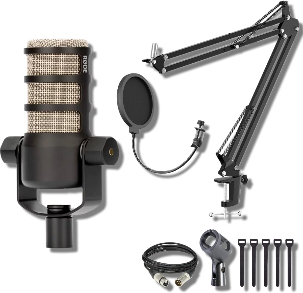 Rode PodMic Cardioid Dynamic Broadcast Microphone with StreamEye BOOMARM1 Microphone Boom Arm, Pop Filter and XLR Cable
