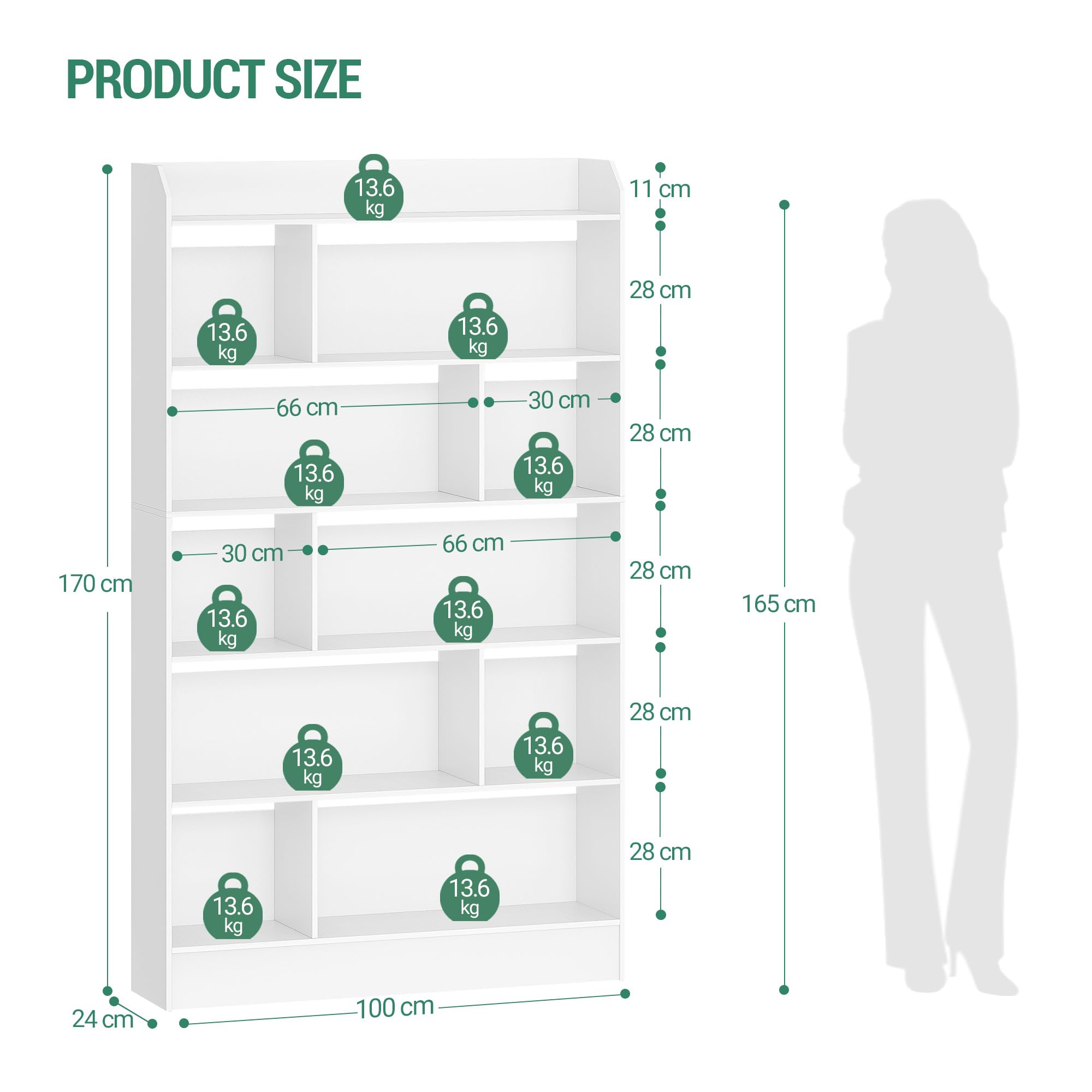 Hzuaneri Bücherregal, Bücherschrank, mit 6 Fächern, Aufbewahrungsregal, Standregal, für Wohnzimmer, Büro, Schlafzimmer, 24 x 100 x 170 cm, Weiß BC64403X