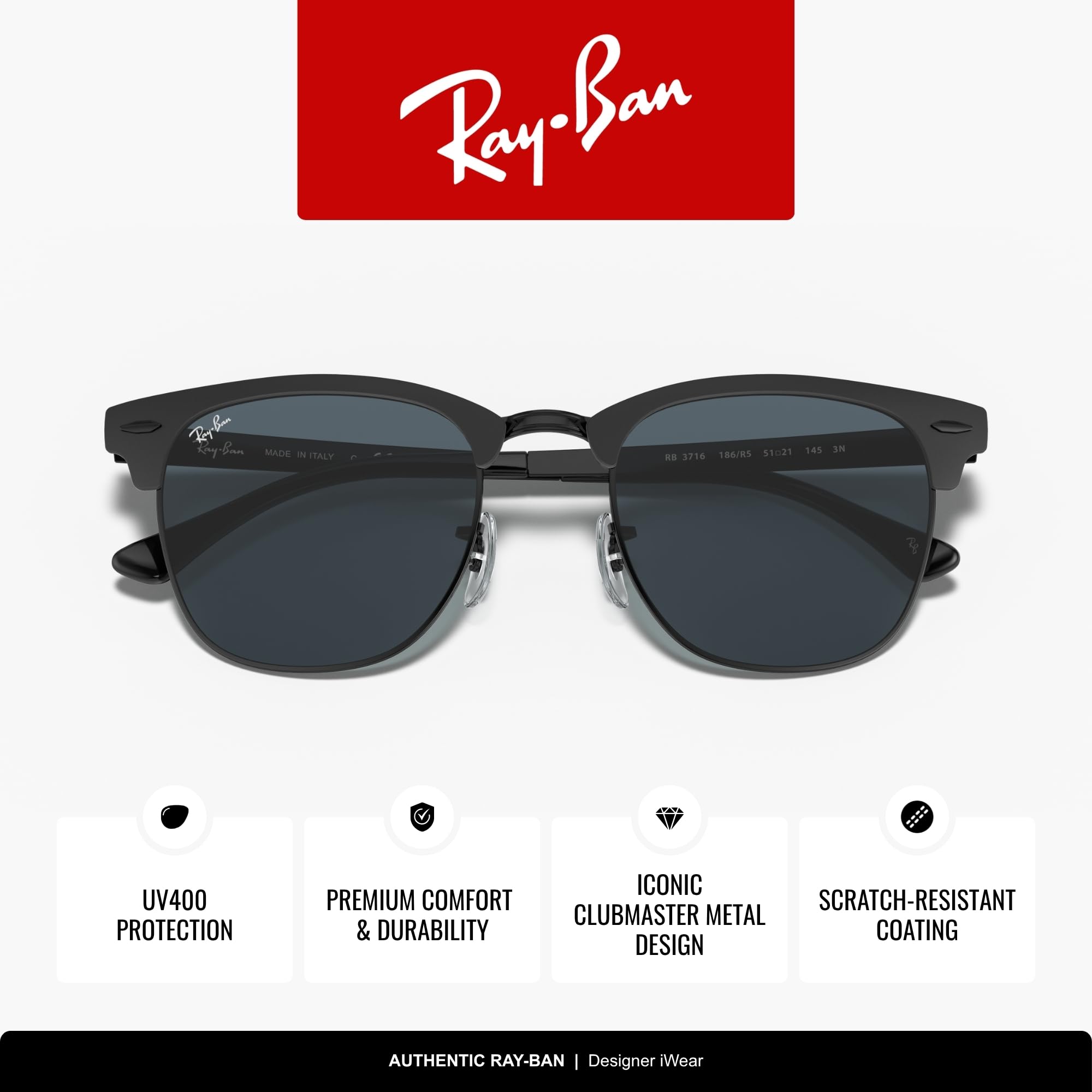 Ray-Ban Metal Clubmaster Sunglasses in Matte Black Blue RB3716 186/R5 51