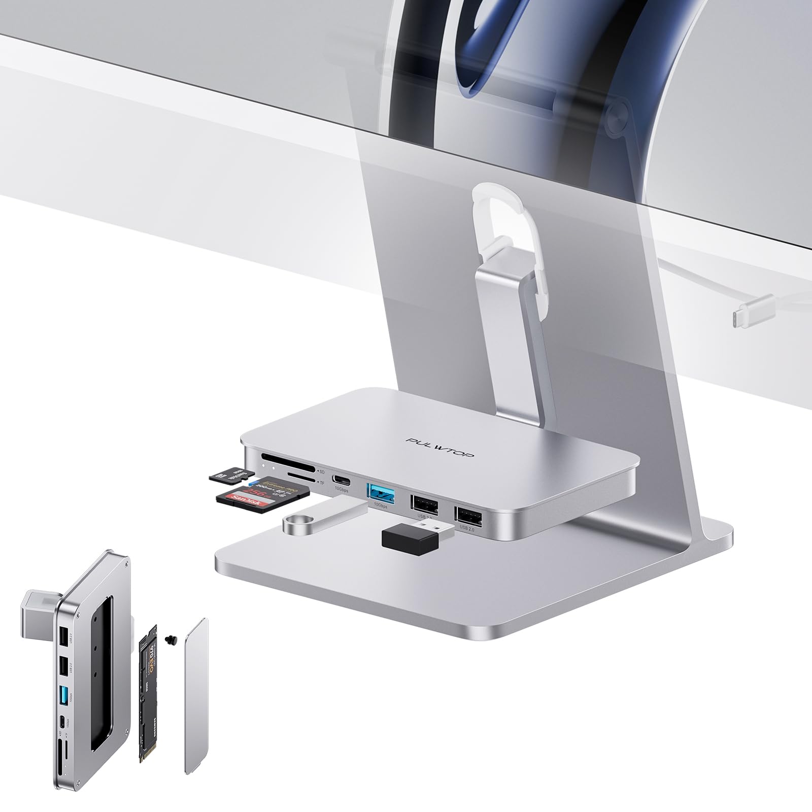 iMac Accessoires pour iMac 24" 2021/2023/2024, hub USB C pour iMac M1/M3/M4 & Studio Display 27", iMac USB HUB avec USB A/C 10 Gbit/s, SD/TF, boîtier SSD M.2 (SSD Non Inclus), Adaptateur iMac
