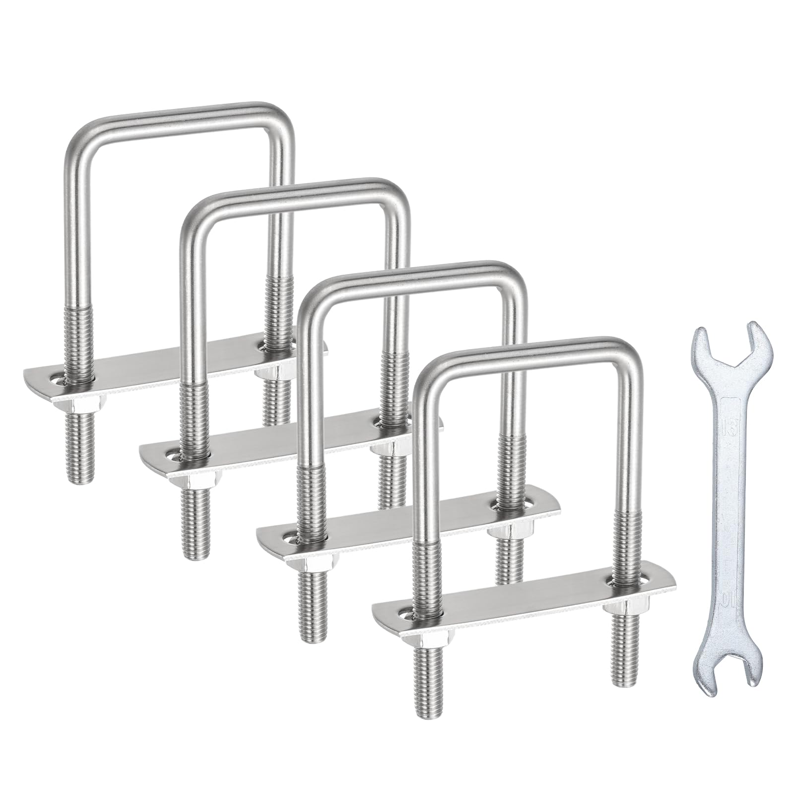 sourcing map 4Pcs M8 U-Bolts, 2"(51mm) Inner Width 3.94"(100mm) Length 304 Stainless Steel Square Bend U Bolts with Nuts Frame Plate Washers and Wrench for Trailers Boats Axle Sailboat