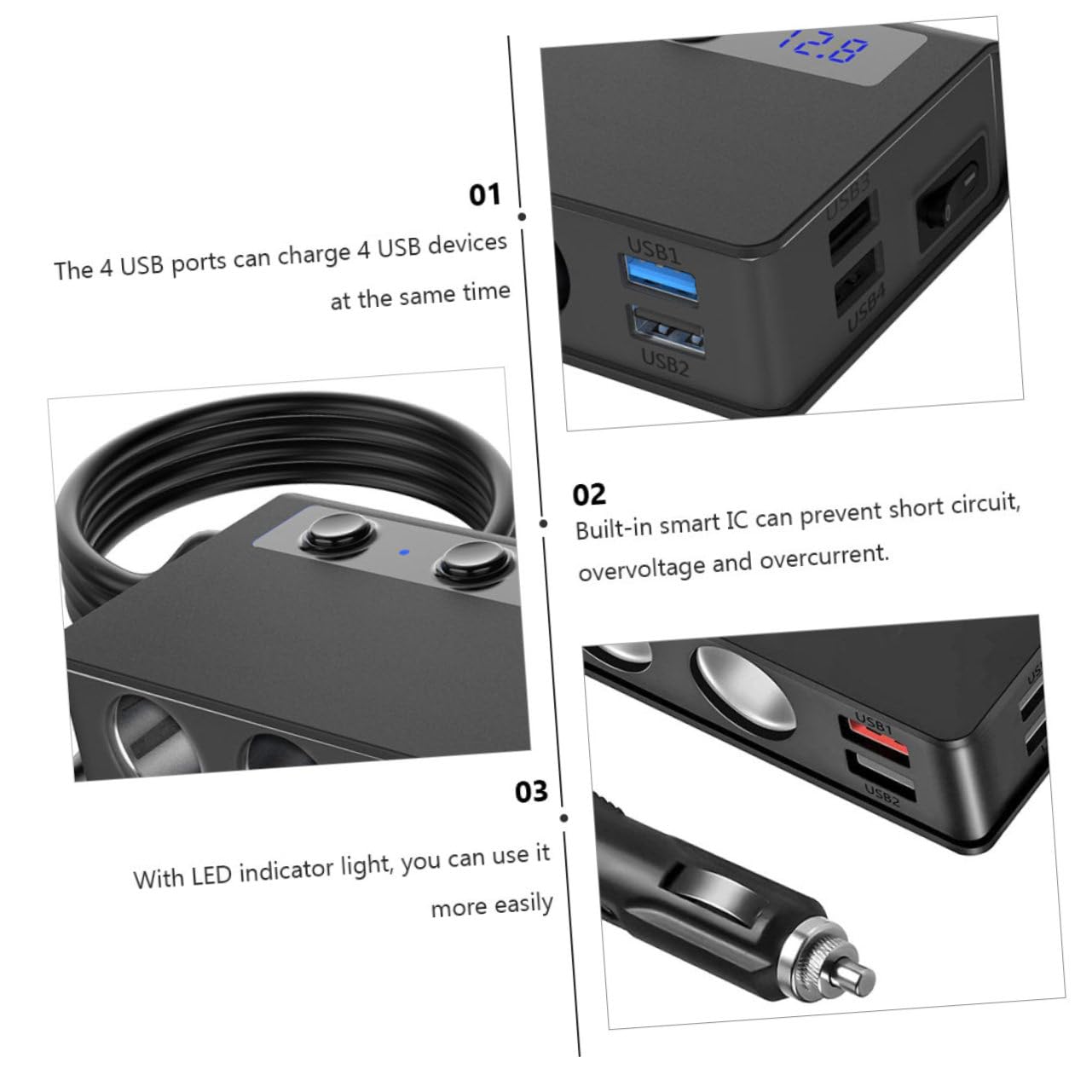 SEWACC Adaptador de Cargador para Coche 180 W, 12 V-24 V, 4 Puertos USB y 3 Tomas para Mechero, Interruptor Independiente