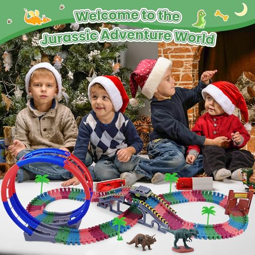 144 PCS Race Tracks Dinosaur Toys for Kids 3-5, Glow in The Dark Magic Toy Set, Flexible DIY Track Set, Birthday Gift for Age 3-9 Boys Toddler Girls,Create a Dinosaur Adventure World
