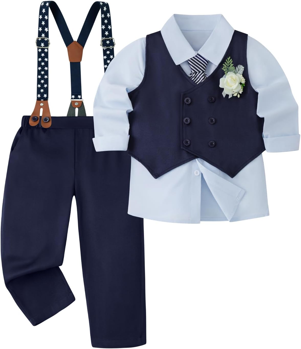 HOZIY Toddler Boy Clothes Suit Gentleman Outfits Formal Dress Shirt+Tie+Vest+Corsage+Suspender+Pants 6PCs Sets for 1-7 Years