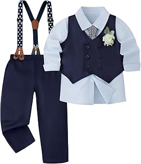 HOZIY Toddler Boy Clothes Suit Gentleman Outfits Formal Dress Shirt+Tie+Vest+Corsage+Suspender+Pants 6PCs Sets for 1-7
