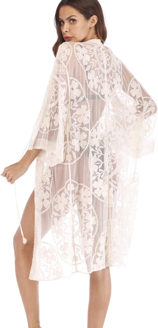 Women's Lace Cardigan Floral Crochet Sheer Beach Cover Ups Long Open Kimono - Image 4