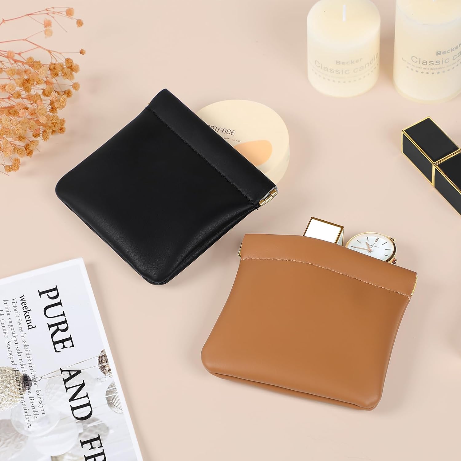 2 Pcs Small Makeup Bag for Purse, Upgrade Organosilicone Mini Makeup Pouch for Women with Snap Closure Clamp, Portable Small Cosmetic Bag Travel Storage Pouch for Coin Lipstick (Black + Brown)