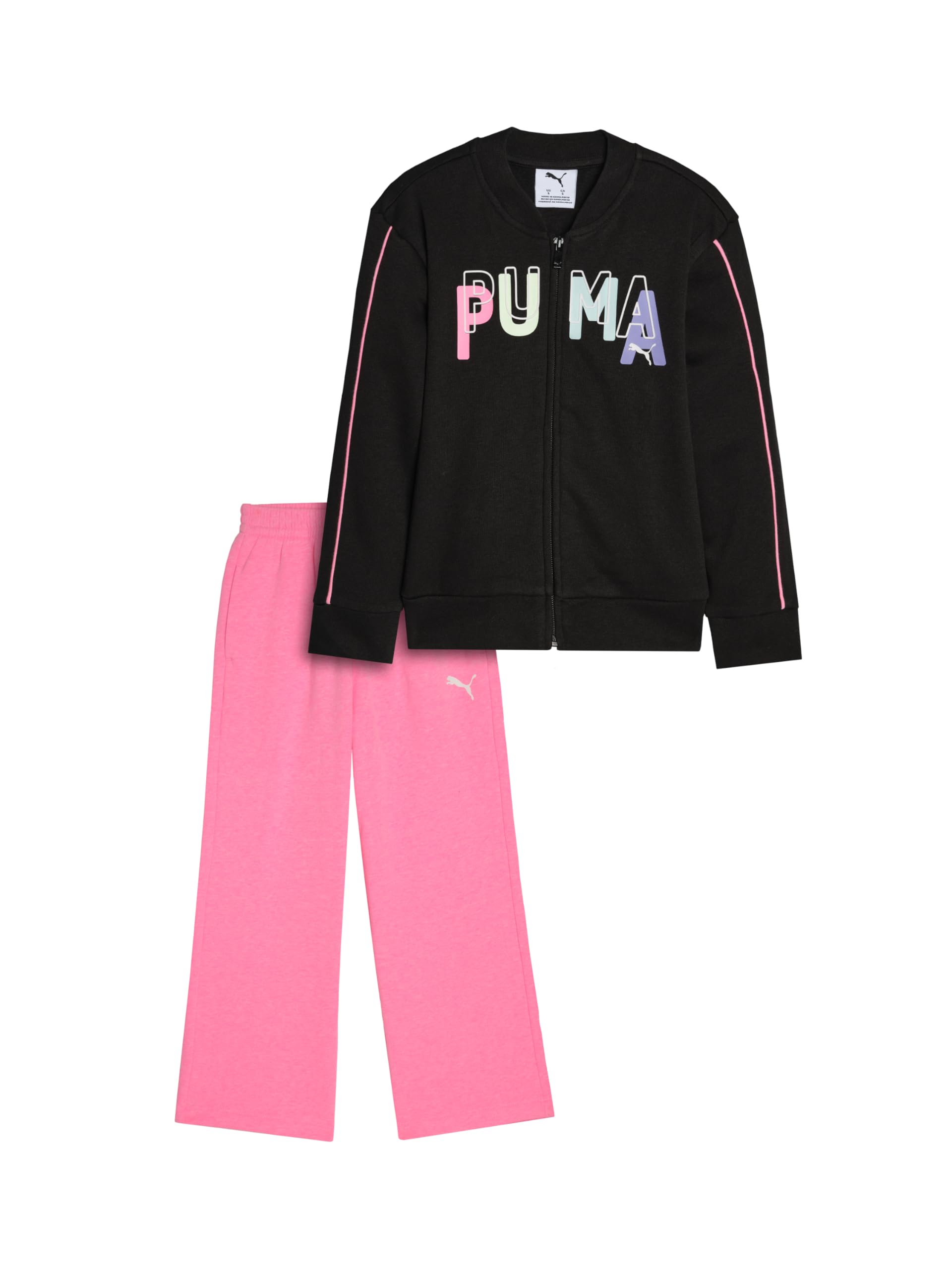 Puma Girl's 2PC Fleece Jacket & Wide Leg Pant, Black/Pink, S