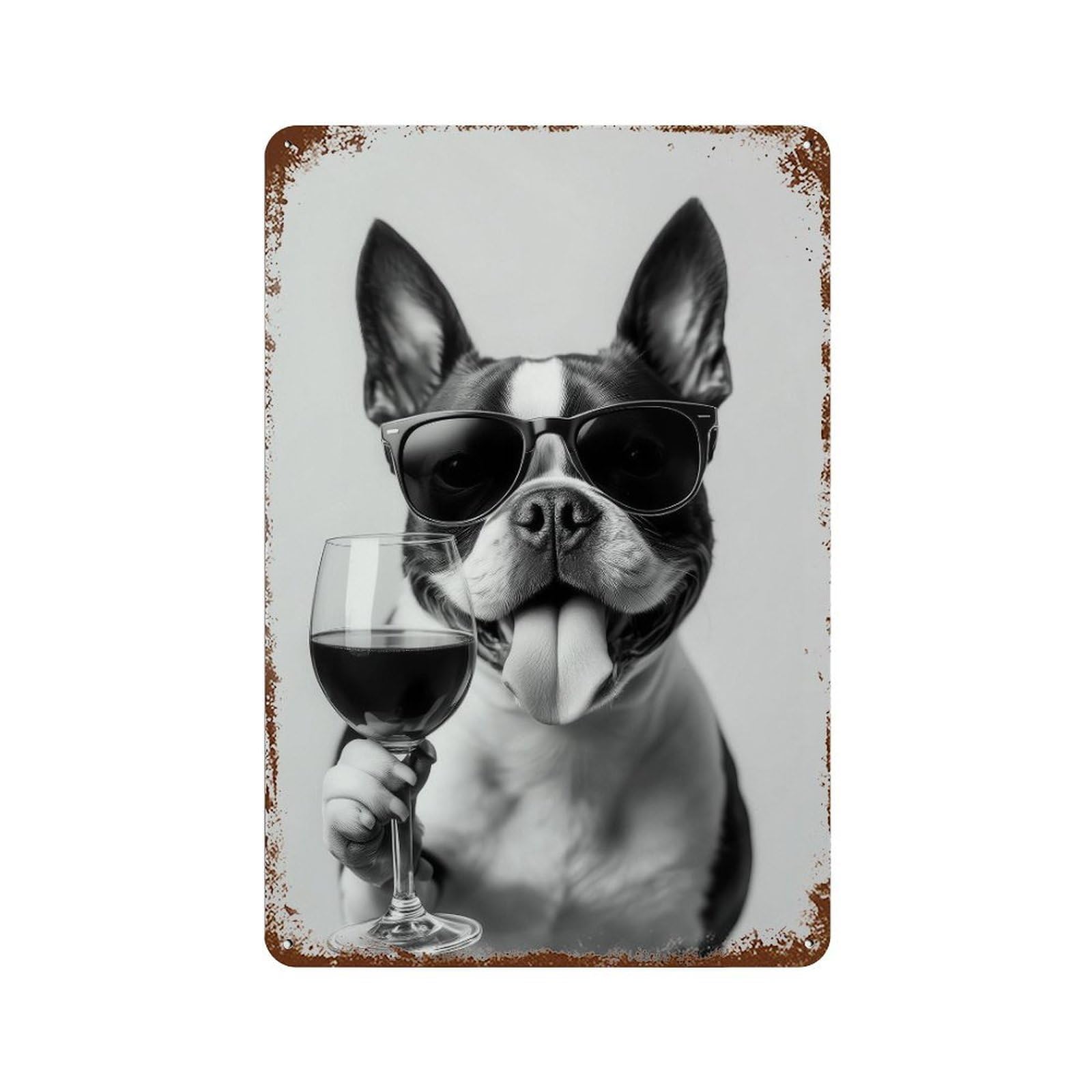 xiaoxiaoshen Boston Terrier And Wine Print Wall Decor Art Metal Tin Poster Modern Home Decor Art Home Bar Shop Decorations Vintage Sign 30x20cm