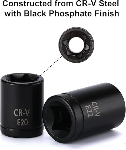 Miniatura 5 de Mayouko Juego de 25 brocas Torx de 1/4", 3/8", 1/2", 1/2", 1/2", 12 enchufes E-Torx hembra y 13 puntas de enchufe estrella