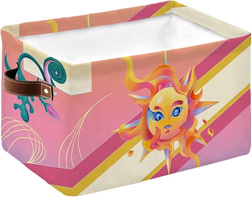 Cesta de almacenamiento de color rosa y amarillo degradado para organizar estantes, cajas de almacenamiento plegables con asa, diseño de sol de