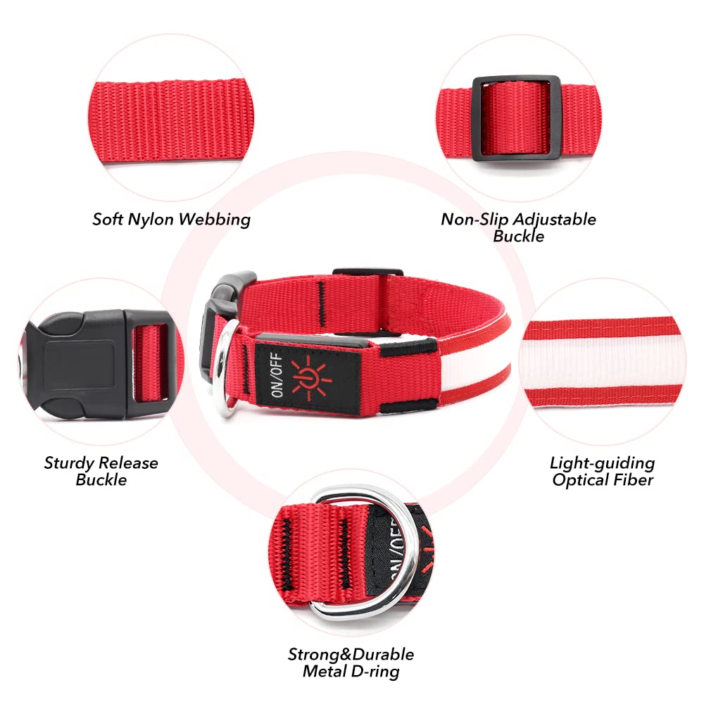 BSEEN Collare per cani che si illumina, collare per cani a LED ricaricabile, impermeabile, riflettente, con luci natalizie che si illuminano al buio, per passeggiate notturne (rosso rubino, M)