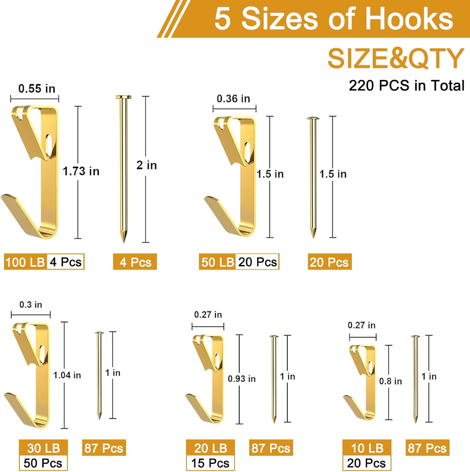 220 Pcs Picture Hangers, 5 Sizes Picture Hanging Kit,10lb, 20lb, 30lb, 50lb,100lb Picture Hanging Hooks, Picture Frame Hangers, Picture Hooks, Frame Hanger Kit for Picture, Canvas, Mirror (Gold)