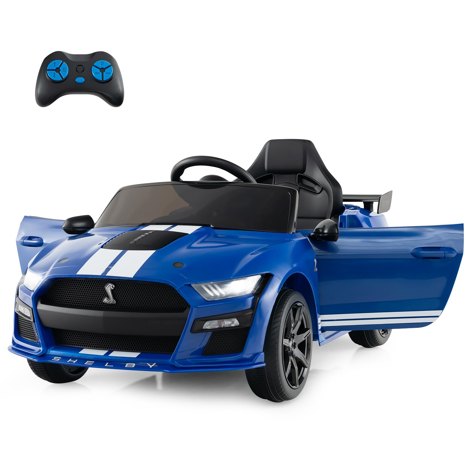GYMAX 12V Kids Electric Ride on Car, Battery Powered Toy Vehicle with Remote Control, USB Port, Music, Light & Horn, Licensed Ford Mustang Children Electric Car for 3-8 Years Old (Blue)