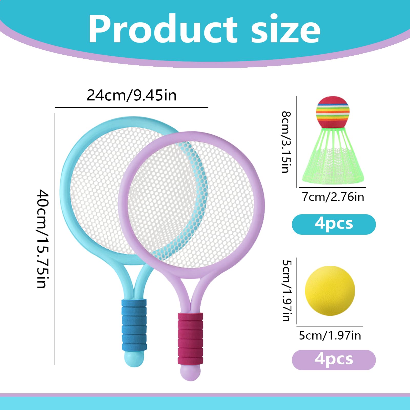 Raquette de Tennis pour Enfants avec 4 Balles et 4 Volants, Tennis Souple