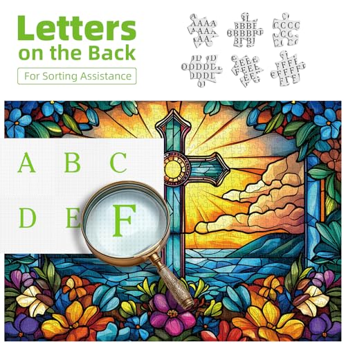 MINIWAN 1000 Piece Jigsaw Puzzles for Adults & Seniors - Stained Glass Cross Christian Sunset Floral Puzzle, 27.5"x19.7" Adult Puzzle with Letters on Back & Reference Poster by MINIWAN - Image 2