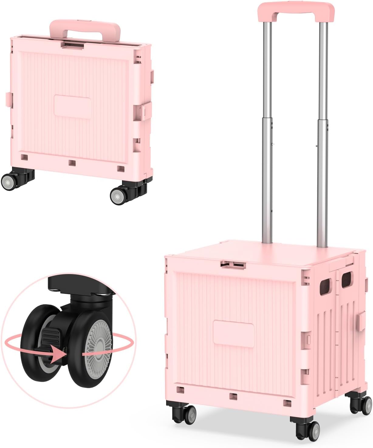 Marketero Shopping Box Trolley on wheels Foldable 4 Wheels 360° Rotate Folding Teacher Trolley Car Heavy Duty 30kg Capacity & Telescopic Handle for Camping Shopping Moving Pink