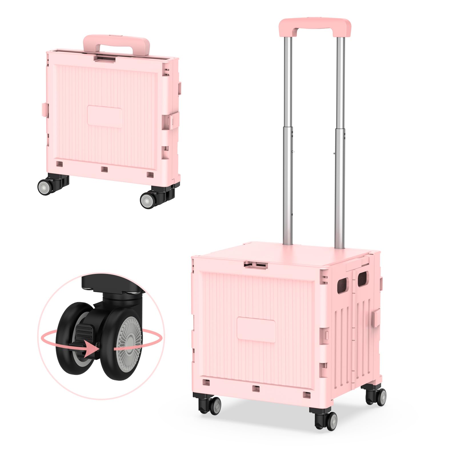Marketero Shopping Box Trolley on wheels Foldable 4 Wheels 360° Rotate Folding Teacher Trolley Car Heavy Duty 30kg Capacity & Telescopic Handle for Camping Shopping Moving Pink