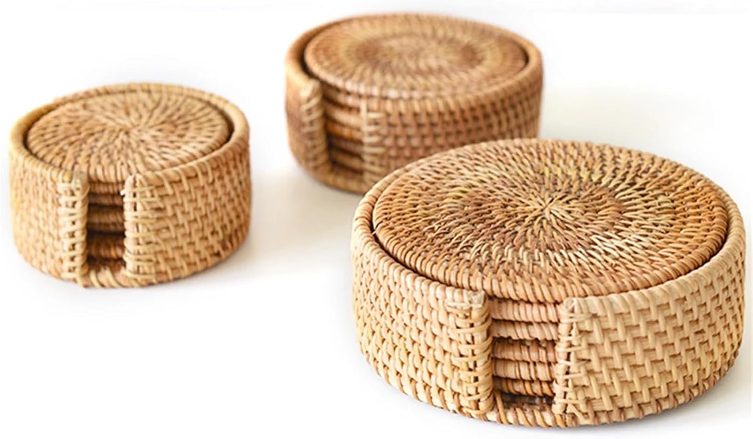 Rattan Coasters 6PCS Woven Rattan Coasters Set with Holder Table Mat Placemat Coffee Tea Cup Coaster Pot Bowl Pad Glass Base Kitchen Accessories(10cm)