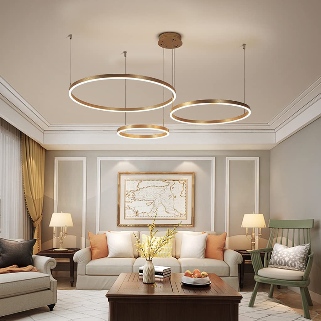 LED Hanglamp 80W Moderne Woonkamerlamp Ronde 5-Ring Eettafel Hanglamp Dimbaar met Afstandsbediening Kroonluchter Metaal Acryl Hanglamp voor Eetkamer Woonkamer Café (Bruin