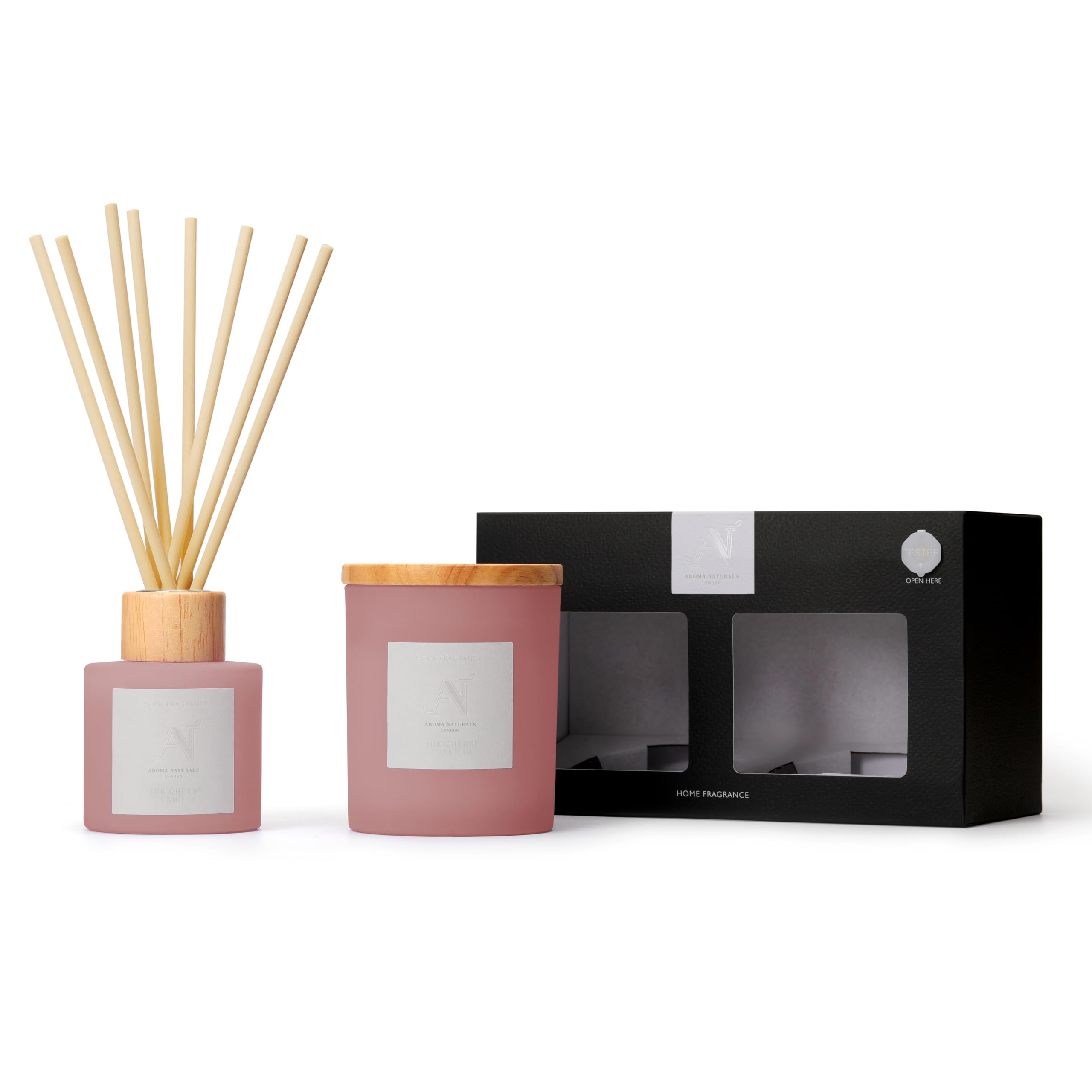 Aroma Naturals Frosted Decadence Candle & Diffuser Gift Set - Pink Cherry & Vanilla - Shea Butter Wax Blend - 30+ Hour Burn Time