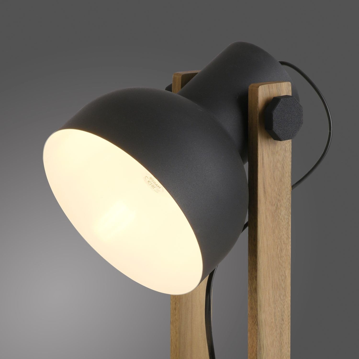 Licht-Erlebnisse Tischlampe Holz Metall Natur Schwarz Büro Wohnzimmer 45 cm E27 verstellbar wohnlich natürlich Industrial Tischleuchte Schreibtisch KORVIC