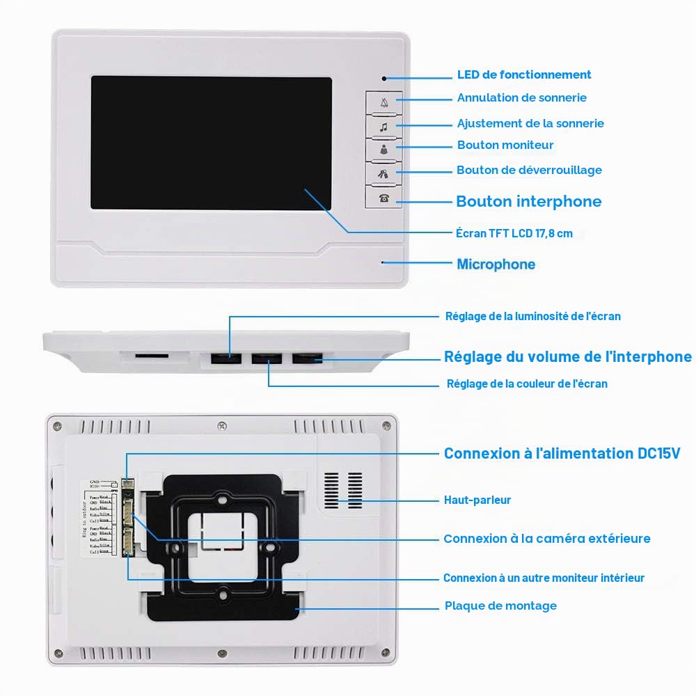 KDL Accueil Interphone Vidéo RFID de 7 Pouces Système de Porte Téléphonique 3 Moniteurs avec 1 Caméra avec Vision Nocturne Infrarouge pour Multi Appartements/Bâtiment Bas avec Porte-clés 125KHz