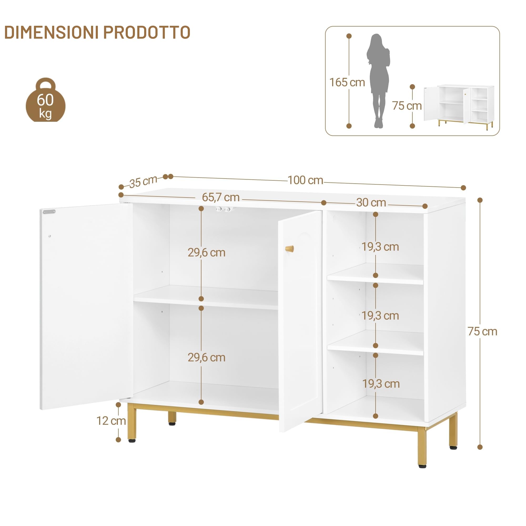 Hzuaneri Mobile da Bagno, Armadietto Autoportante, con 3 Ripiani Aperti Regolabili e 2 ante, Grande Capacità di Stoccaggio, per Bagno, Soggiorno, Ingresso, Cucina, Bianco-Oro SC10203G