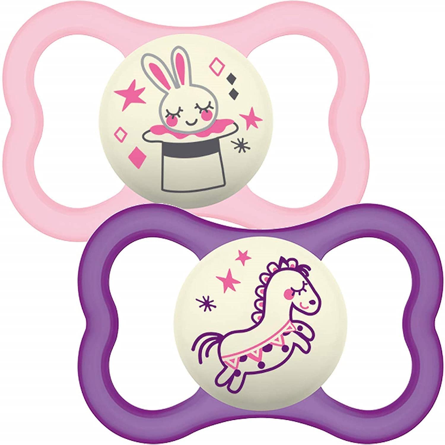 MAM Latex Air Night Soothers 12 Months+ (Pack of 2), Glow in the Dark Baby Soothers with Self Sterilising Travel Case, Newborn Essentials, Pink, (Designs May Vary)