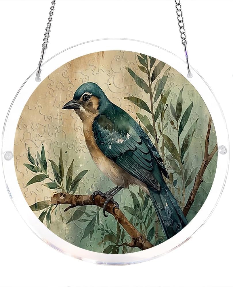 Bird On Branch Acrylic Jigsaw Puzzles Suncatcher, 8.9 Inch Window Hanging Suncatcher Acrylic Puzzle, DIY Home Decor Art Gift