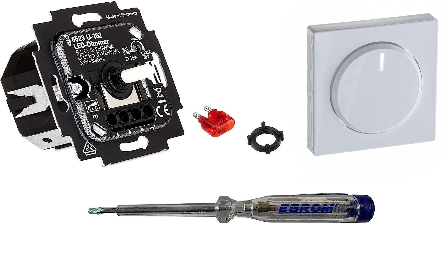 Busch Jäger 6523U-102 LED-Drehdimmer LED-Dimmer mit Dimmerscheibe Zentralplatte 6540-84-102 in Future Linear Studioweiß glänzend inklusive EBROM Phasenprüfer zur Montage des Dimmers (6523 U – 102)
