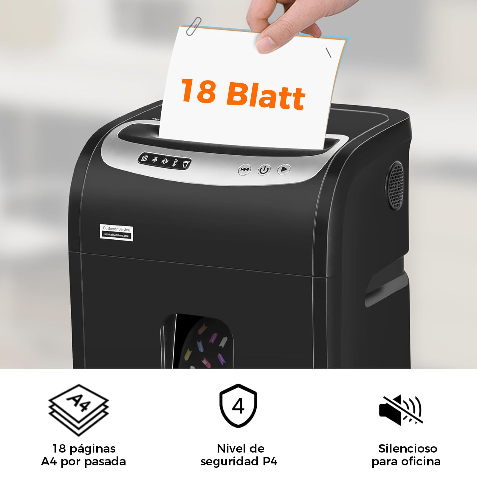 VidaTeco Trituradora de Papel Microcorte (P4) de 18 Hojas 30 l y 4 Ruedas | Destructora de Papel Shredder con una Autonomía de 60 Minutos,Destructora CD y Tarjetas de Crédito para oficina