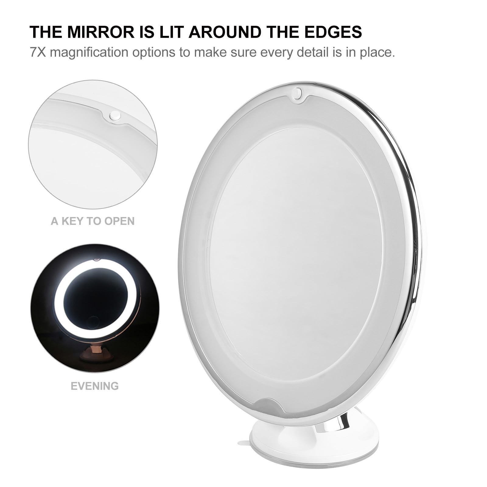 ibasenice Espejo de Maquillaje Redondo con Aumento 7X y Ventosa, Espejo de Tocador con Luz LED Blanco de Vidrio para Baño y Maquillaje