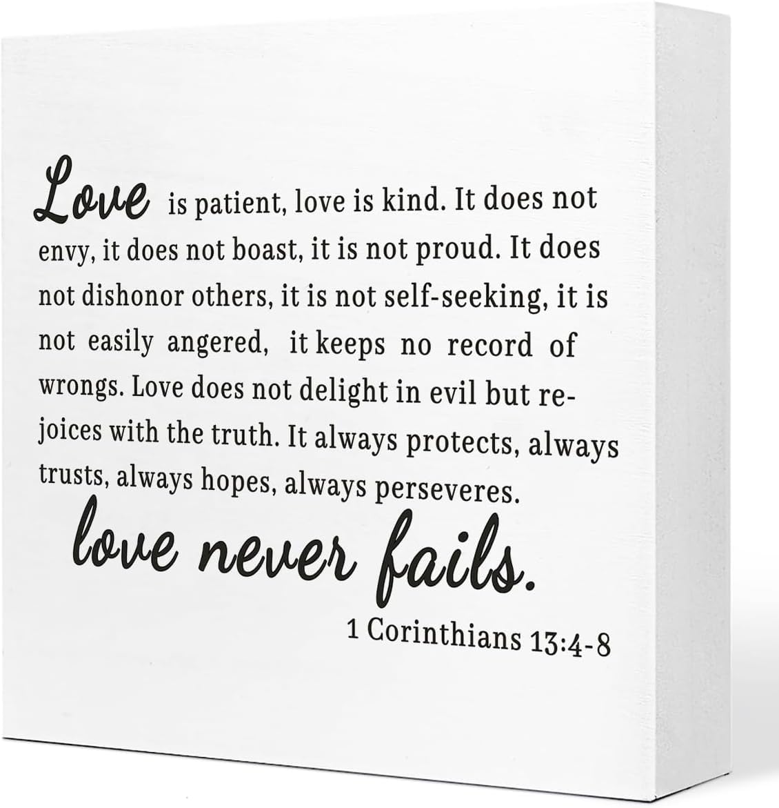 Love Never Fails Box Sign 5x5 Inch Bible Verse Rustic Decor