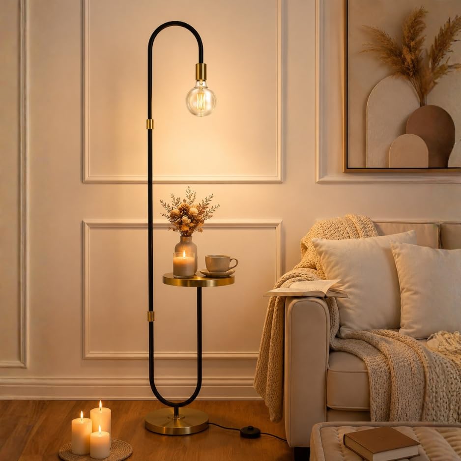 Deco Crush 60-Inch Floor Lamp with Integrated Side Table – Modern Black & Gold Standing Lamp with Warm LED Ambience-image-8