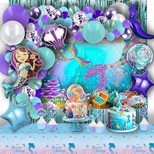 Image of PARTY SPOT!112 PCS Little Mermaid Party Decorations,Girls Mermaid Balloon Garland with Background Cloth,Tablecloth Mermaid Tail Balloon,Tassel Curtain Birthday Decorations