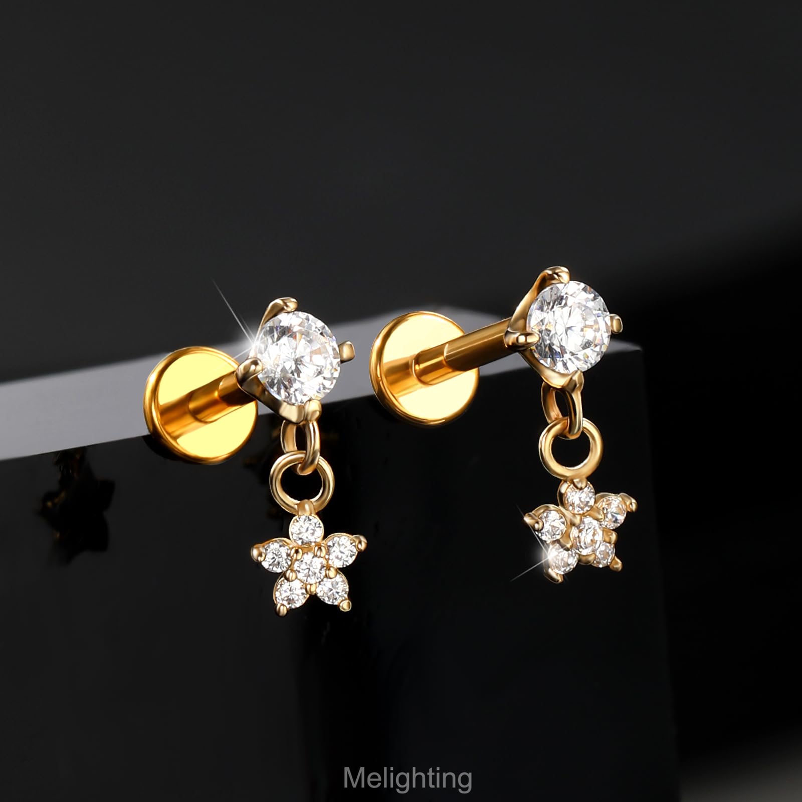 Melighting Orecchini a forma di cartilagine in oro giallo 14 carati, motivo floreale, helix, trago, piercing senza fili, con spinta in piatta