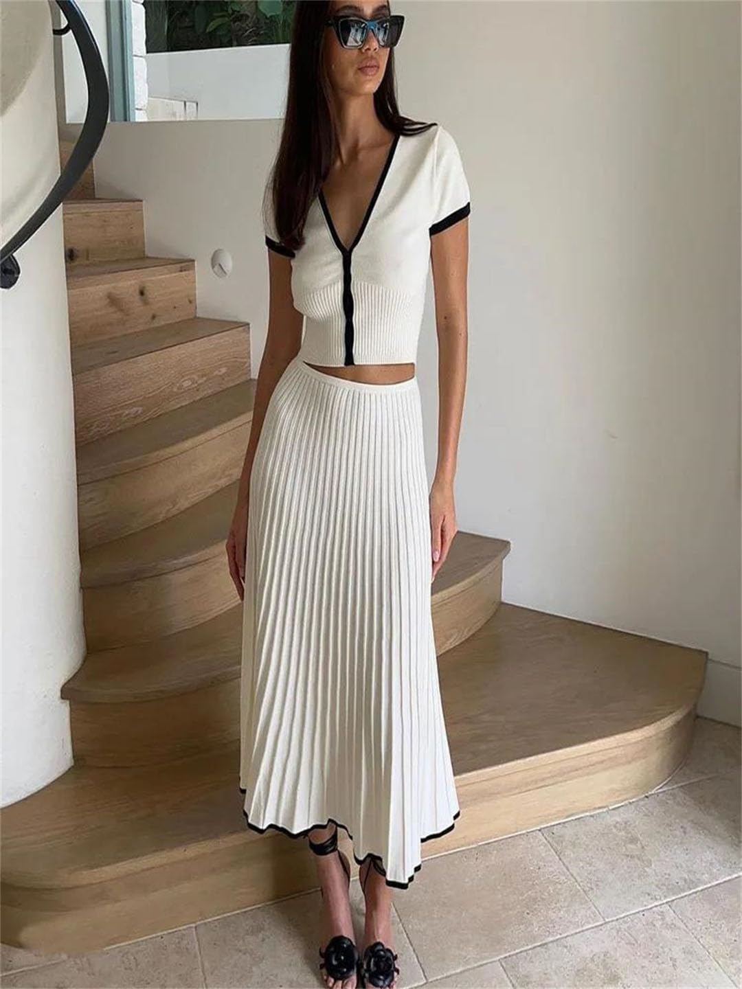 Women Long Skirt Suit Short Sleeve V-Neck Crop Top Pleated Set Two-Piece Skirt Set