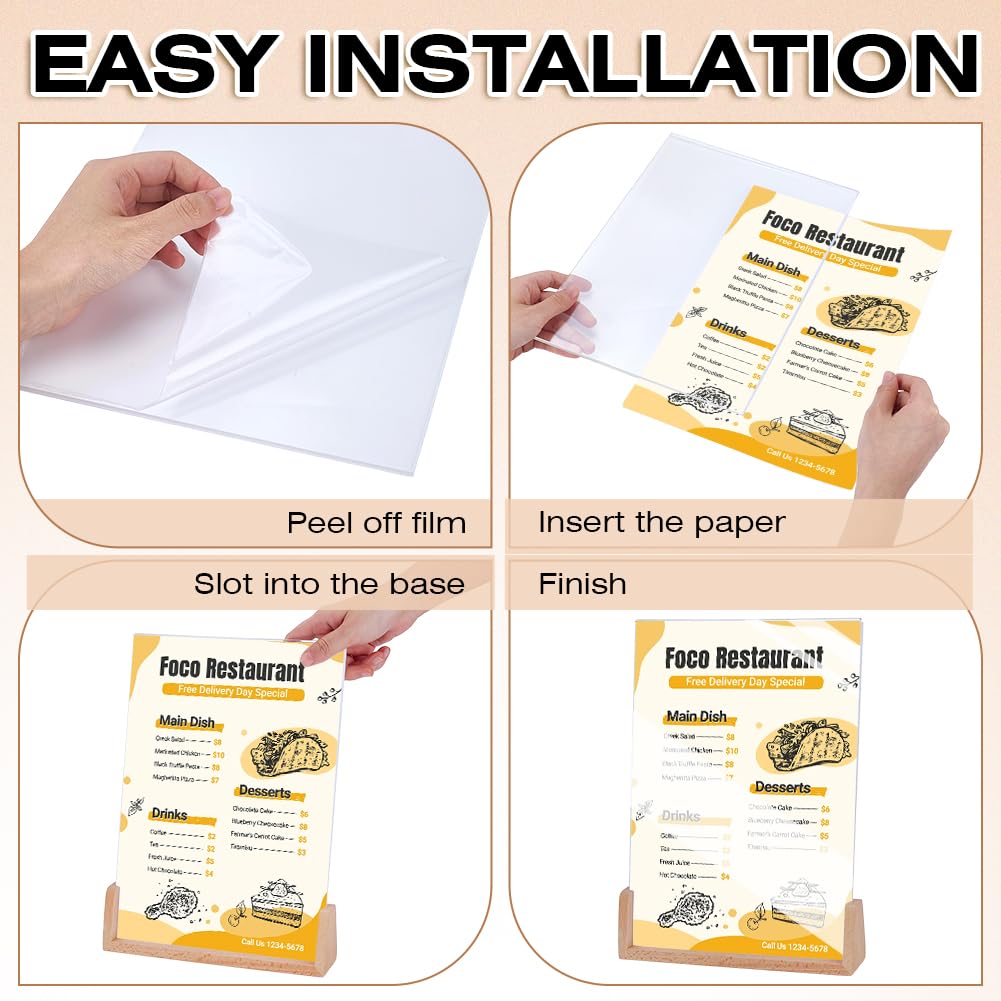 MAYJOYDIY Acryl-Schilderhalter mit Holzsockel, 22 x 5 cm, transparenter Menüständer, rechteckig, vertikal, Flyer, Präsentationstisch, Papierhalter für Büro, Geschäft, Restaurants, Hochzeit, Party