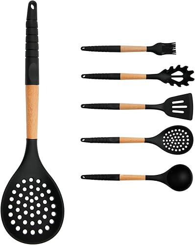 Cucharón de cocina, cuchara ranurada grande con alta resistencia al calor, sin BPA, antiadherente, para drenar, freír (negro)