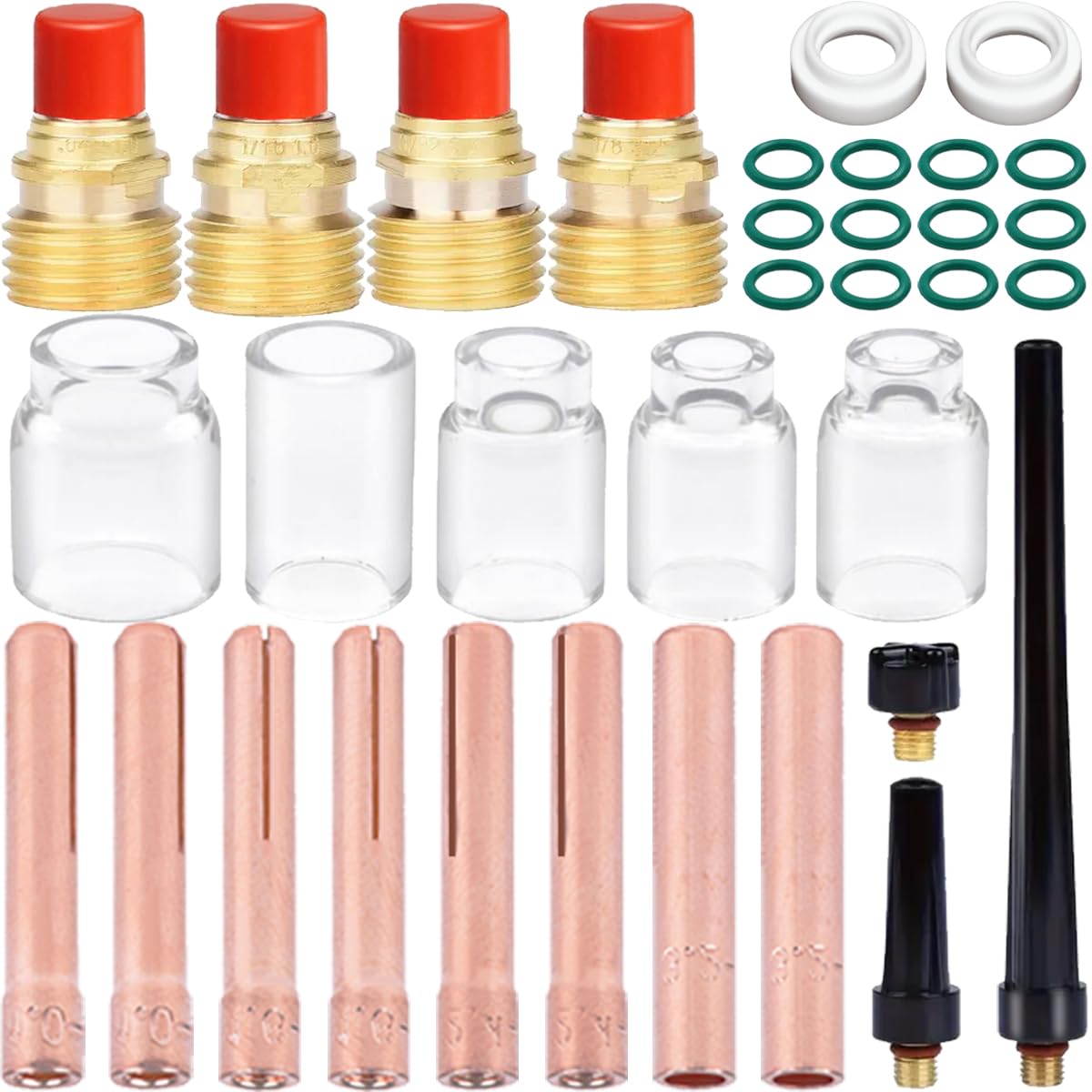 EATBALE Welding Torch Stubby Collet Bodys Kit for TIG DB SR WP 9 20 25 Welder Gun, Gas Lens, #6 ~ #12 Glass Cup Consumables, 41V33 41V35 41V24 Back Cup, 0.04" ~ 1/8"(1.0~3.2mm) Collet, Gasket (38Pcs)