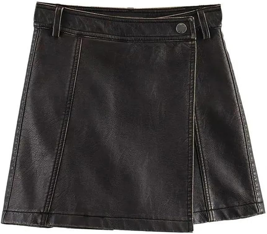 Woman's All Season Slim Faux Leather A-Line Skirt Sexy Wrap Mini Skort Elasticity Shorts
