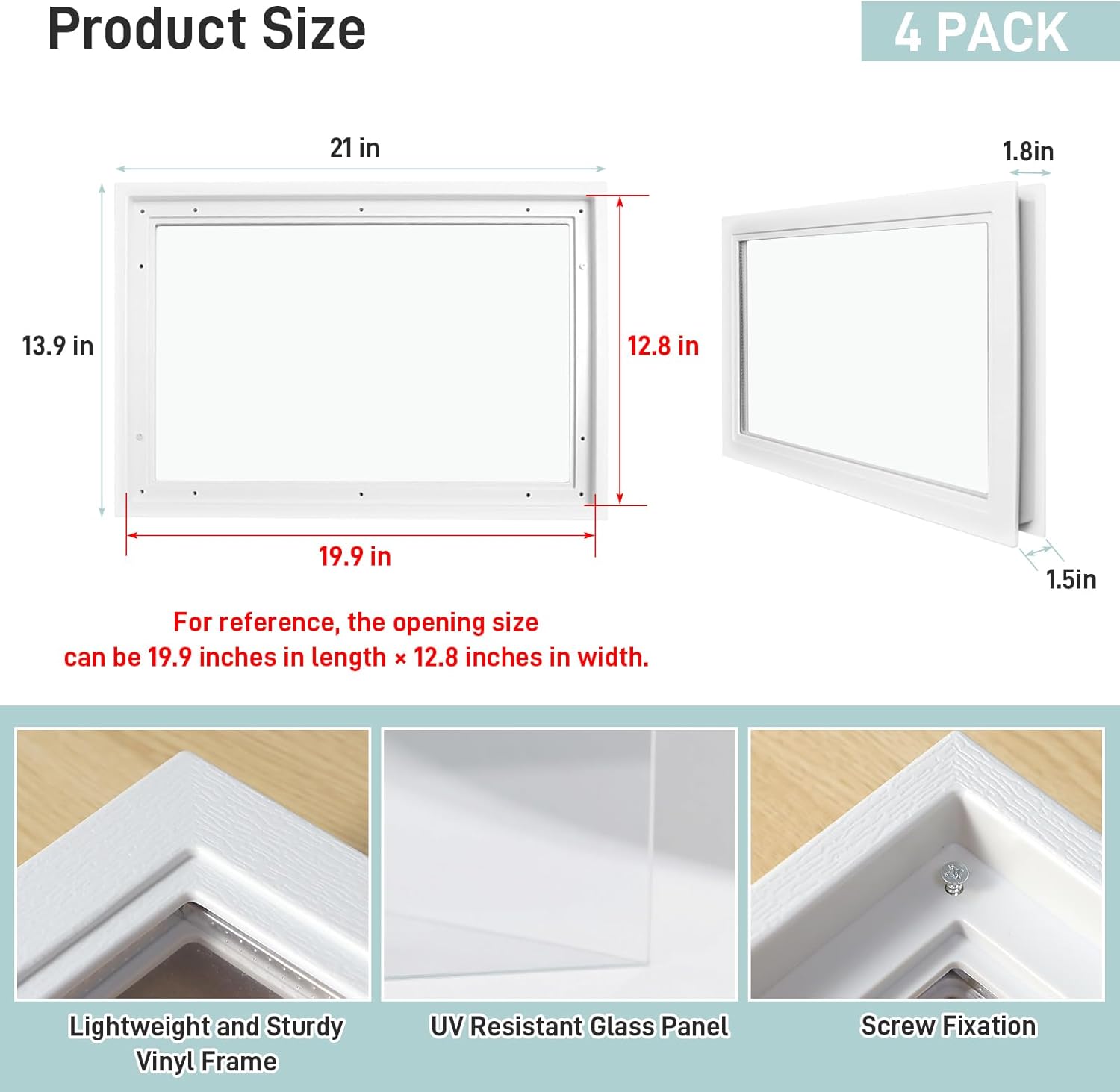 4 Pack Garage Door Windows, Replacement Vinyl Window Inserts with UV Resistant Resin Glass for Garage Doors, 20.8 x 13.8 inch (Clear Design)