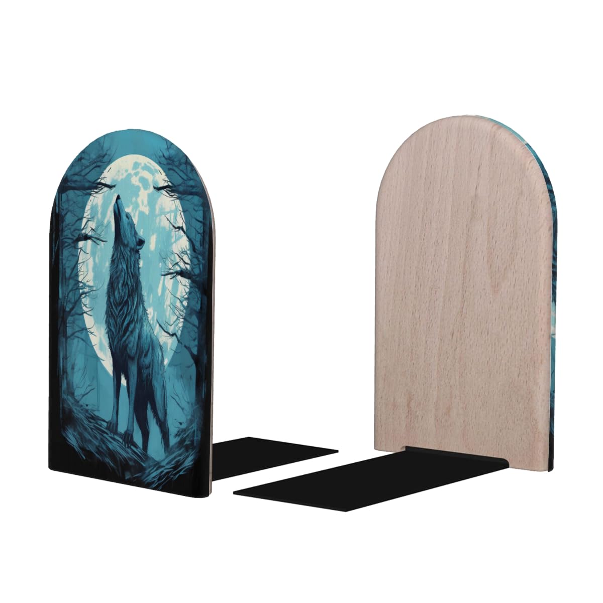(2 PCS/1 Pairs) Wood Bookends Animal Wolf Decorative Wood Bookends for Student School Shelves Kids Room Desk Home Office Book Stoppers for Holiding Books 5x3 Inch