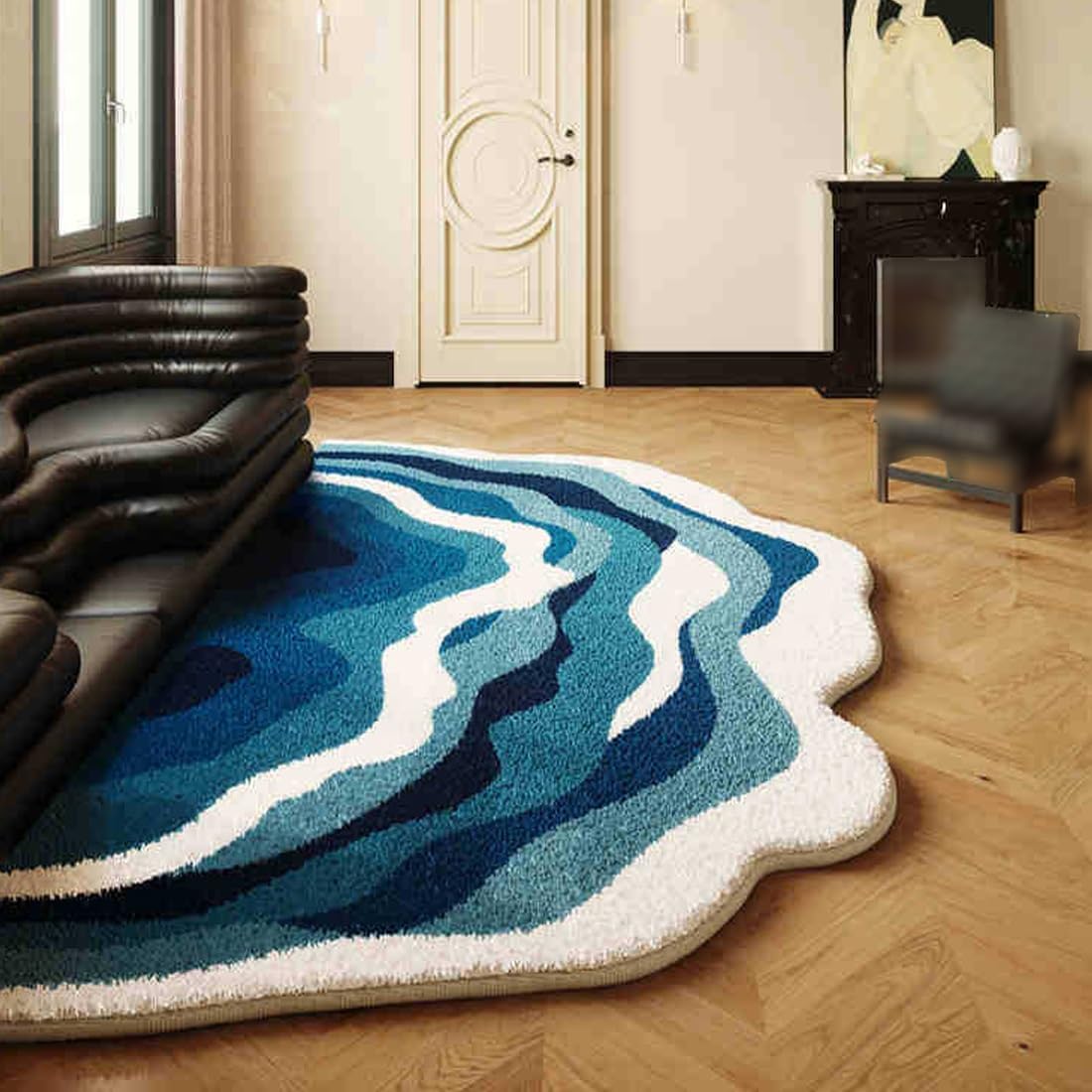 Wave Irregular Bedroom Rug, Area Rug, Washable, Non Slip Floor Mat for Entryway Nursery Living Room Bathroom(Blue,80x120cm)