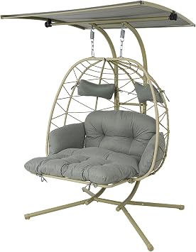 Double Egg Chair Outdoor with Stand & Canopy, 2 Person Hanging Egg Chair with Footrest, Oversized Rattan Wicker Egg Swing Chair for Bedroom Garden Balcony, 660Lbs Cyan Frame Green Cushion