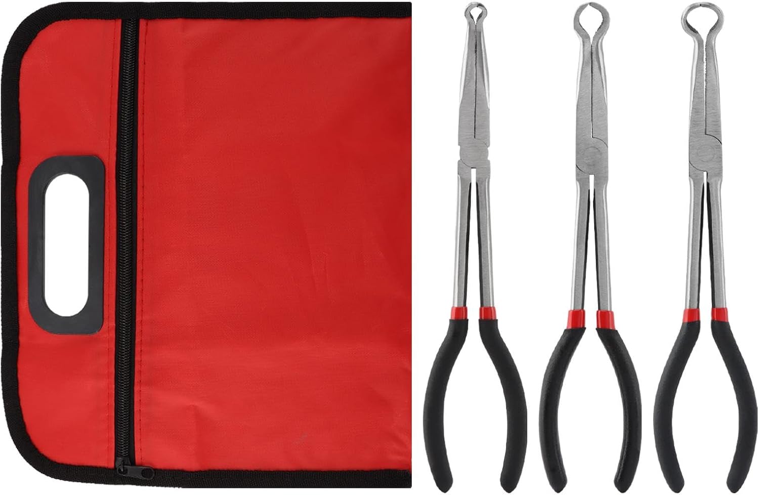 3pcs Long Reach Hose Grip Pliers Set, 11" Long Pliers, 3/8-Inch, 1/2-Inch, 3/4-Inch Dia, Offset Spark Plug Boot Removal Plier Serrated Jaws for Hard to Reach Narrow Space(COLOR:black red)