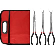 3pcs Long Reach Hose Grip Pliers Set, 11" Long Pliers, 3/8-Inch, 1/2-Inch, 3/4-Inch Dia, Offset Spark Plug Boot Removal Plier Serrated Jaws for Hard to Reach Narrow SpaceCOLORblack red