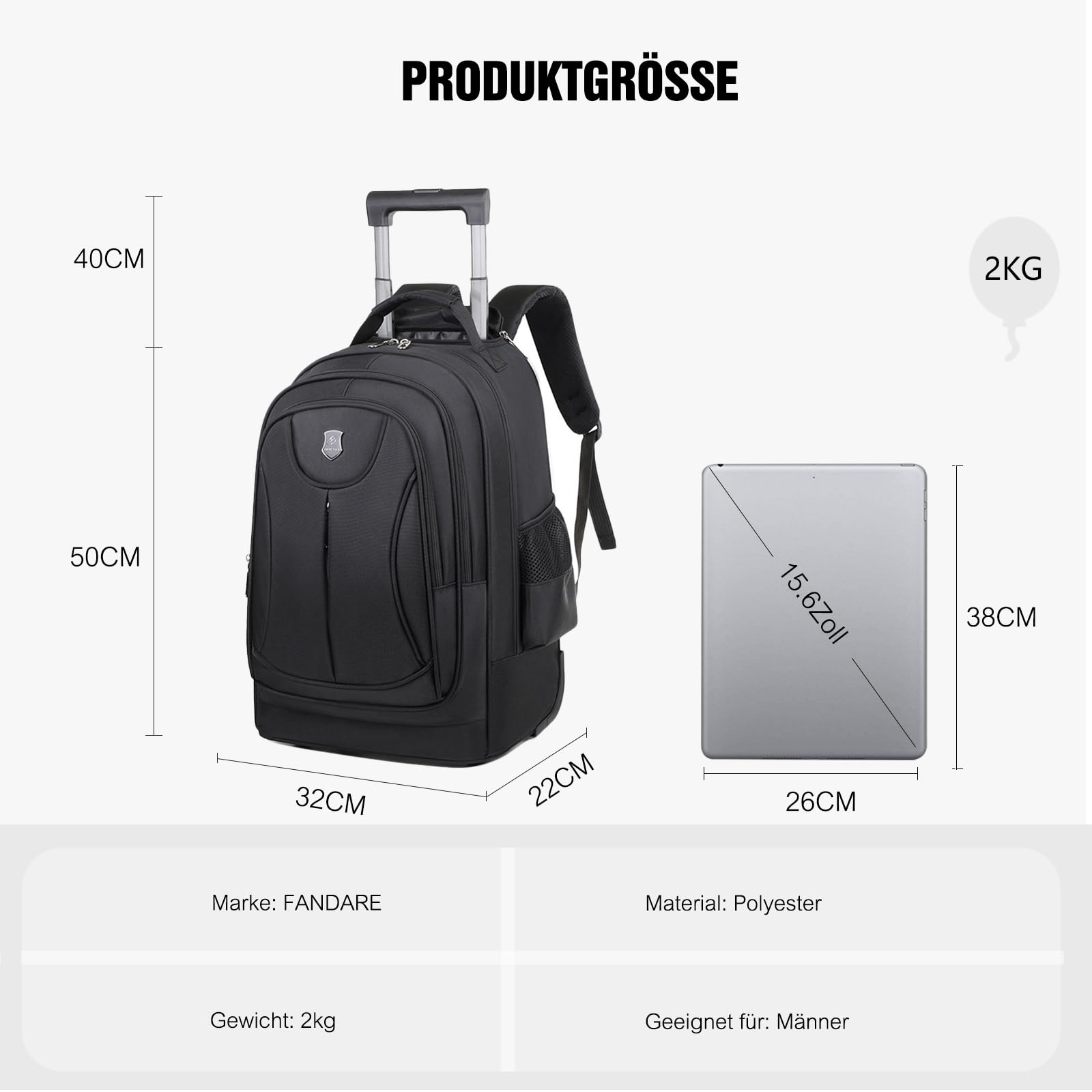 FANDARE 35L Laptop-Trolleys Herren Rollerrucksack 2 IN 1 Business Wandlungsrucksack Reiserucksack mit Rollen Trolley-Rucksack Rollen Handgepäck Notebook bis 15.6 Zoll Arbeit Aaktenkoffer Schwarz